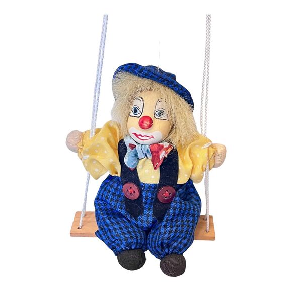 Set (3) CLOWN FIGURINES 8.5" Wooden Swing Ceramic & Wood Heads Cloth Body Yarn + - Picture 3 of 7